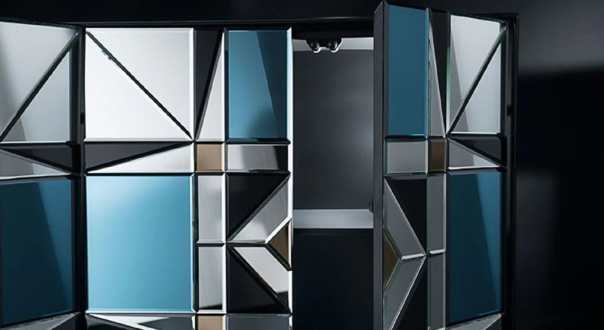 Casa Padrino aparador de lujo negro / azul 140 x 45 x A. 80 cm - Armario de madera maciza con 4 puertas espejadas - Muebles de Lujo