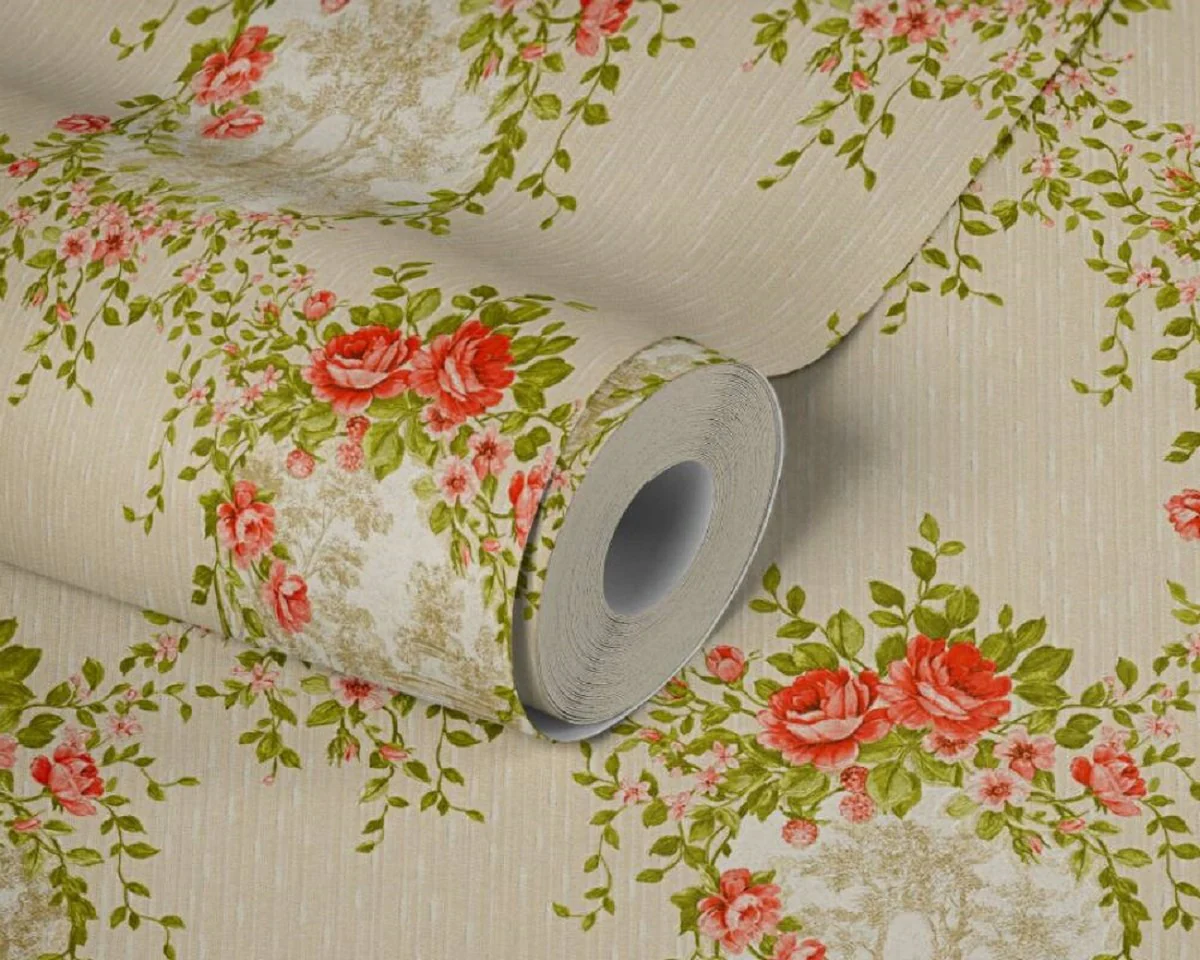 Casa Padrino papel pintado barroco no tejido beige / verde / rojo - Papel pintado de salón de estilo barroco con elegante patrón floral - Accesorios de decoración barroco