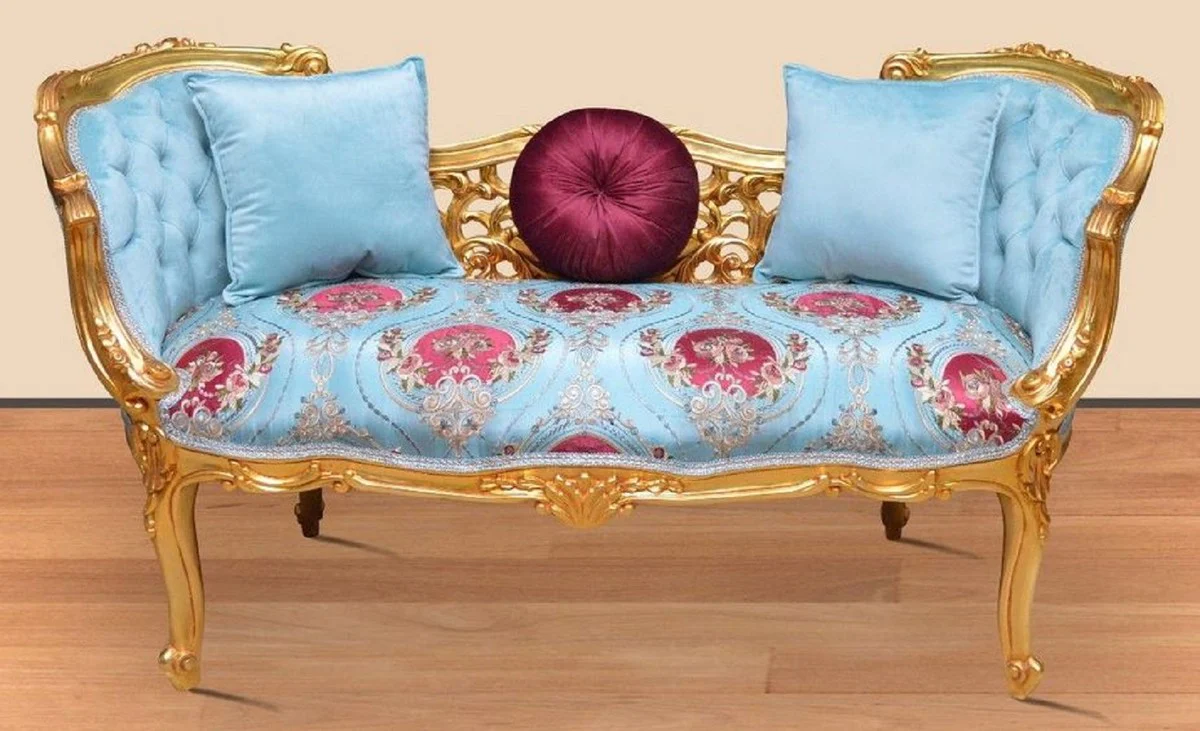 Casa Padrino banco barroco azul claro / multicolor / oro 150 x 55 x A. 80 cm - Magnífico banco de madera maciza con patrón floral noble - Muebles barrocos
