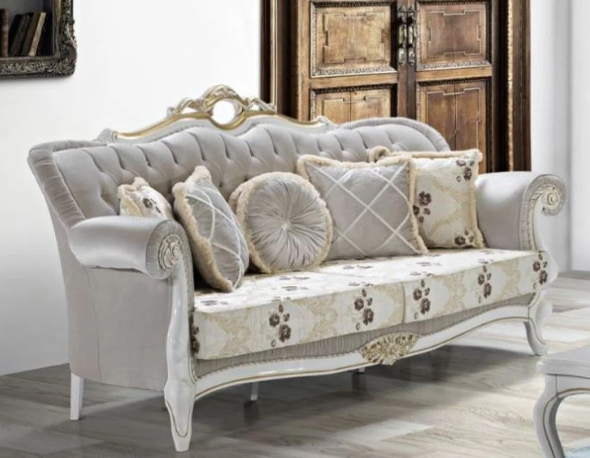 Casa Padrino sof¨¢ de sal¨®n barroco con pedrer¨ªa y estampado de flores gris claro / crema / beige / blanco / oro 215 x 80 x A. 120 cm - Muebles Barrocos