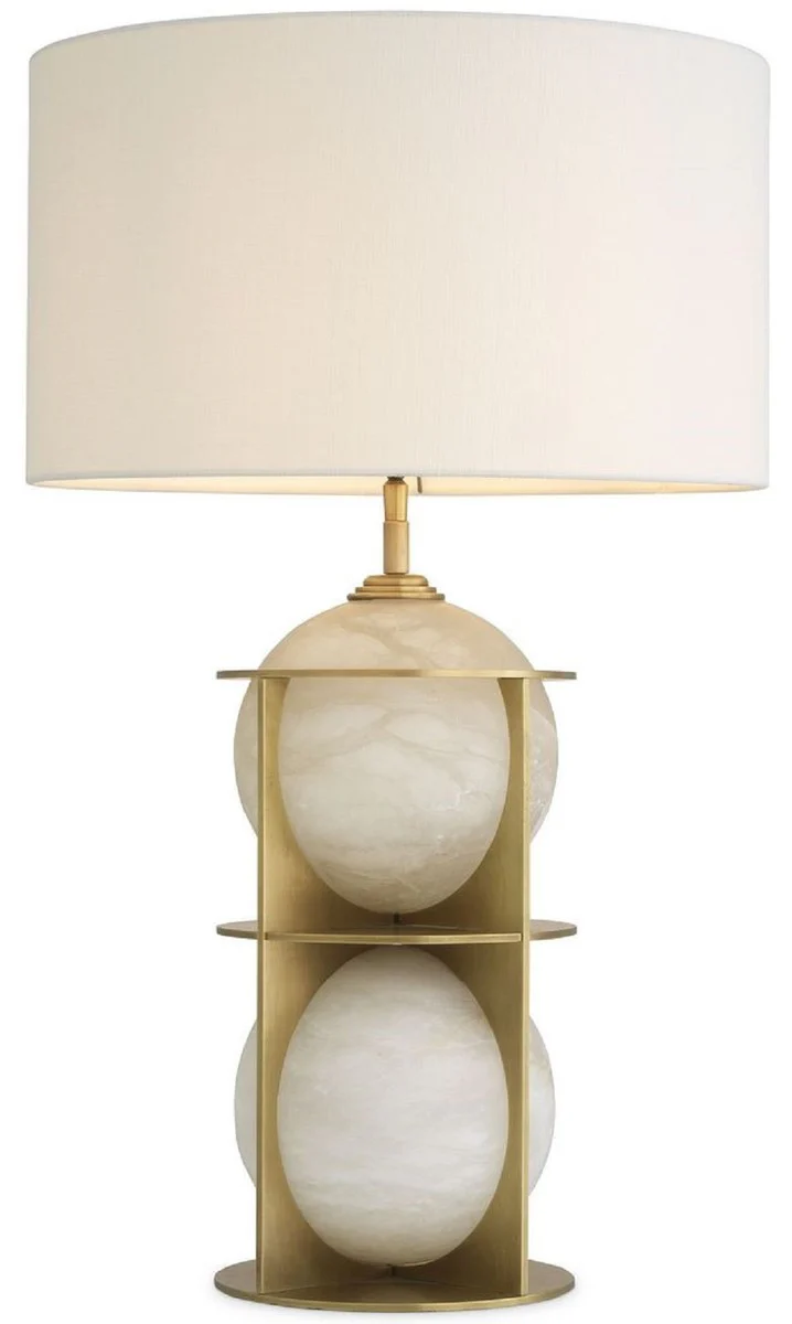 Casa Padrino lámpara de mesa de lujo latón antiguo / alabastro / blanco Ø 45 x A. 75 cm - Lámpara de escritorio moderna de metal con bolas de alabastro y pantalla redonda - Calidad de Lujo