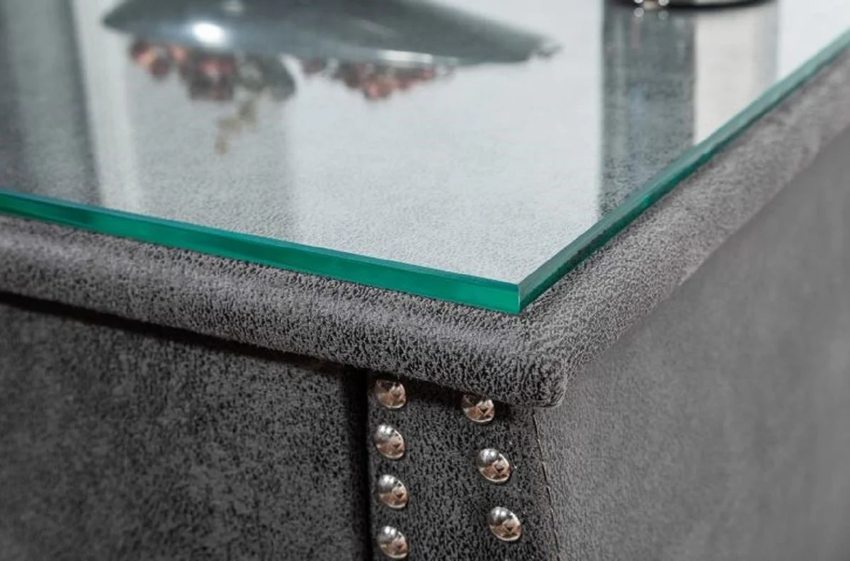 Casa Padrino Mesita de Noche Art Deco con Caj¨®n y Tapa de Vidrio Gris Antiguo / Plata 47 x 41 x H. 45 cm - Muebles de Dormitorio