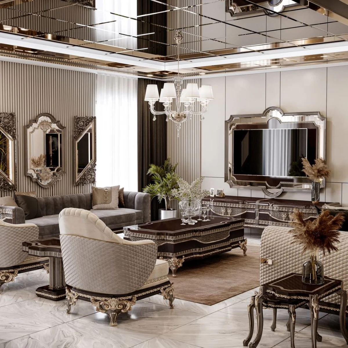 Casa Padrino sof¨¢ barroco de lujo gris / marr¨®n oscuro / oro 265 cm