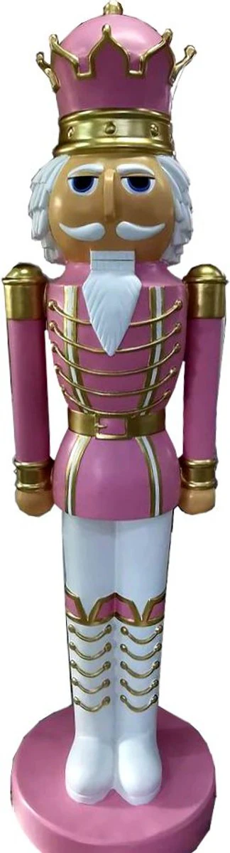 Casa Padrino Deco XXL Escultura Cascanueces Rosa / Blanco / Dorado con Uniforme Tamaño natural 200 cm - Navidad Decoración navideña Decoración de grandes almacenes Decoración de castillos Barroco