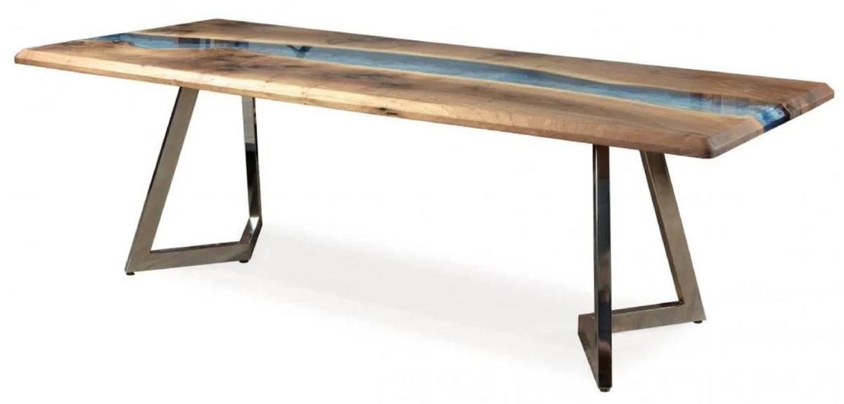 Casa Padrino mesa de comedor de lujo marr¨®n / azul / plata 250 x 100 x A. 76 cm - Mesa de cocina rectangular con resina epoxi - Muebles de comedor - Muebles de resina epoxi - Muebles de lujo