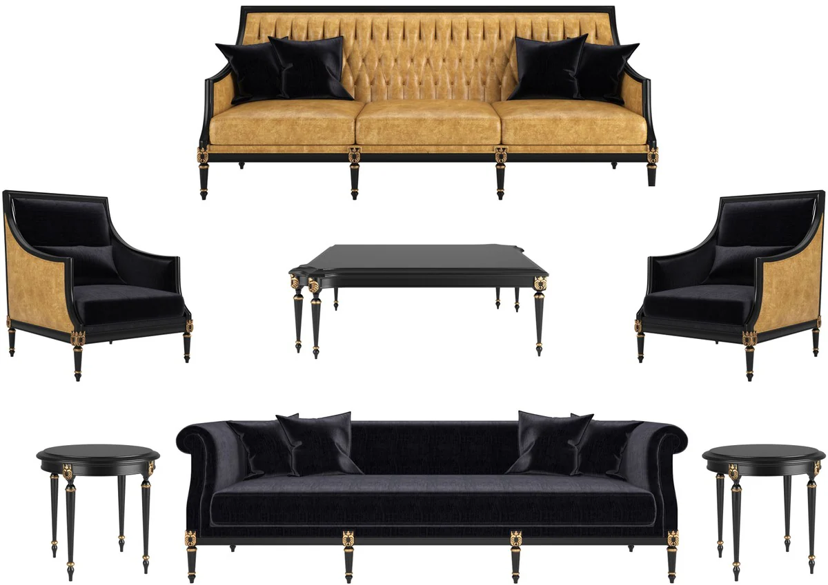 Casa Padrino conjunto de sala de estar barroco de lujo oro / negro / oro antiguo - 2 Sof¨¢s y 2 Sillones y 1 Mesa de Caf¨¦ y 2 Mesas Auxiliares - Muebles de sala en estilo barroco - Muebles Barrocos