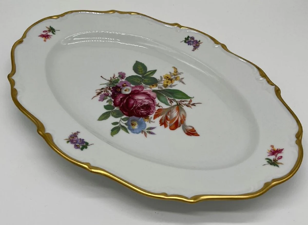 Casa Padrino Plato de Porcelana Barroco de Lujo Blanco / Multicolor / Oro 38 cm - Plato de Servir Ovalado - Accesorios de Porcelana de Estilo Barroco - Reichenbach Porzellan - Hecho en Alemania