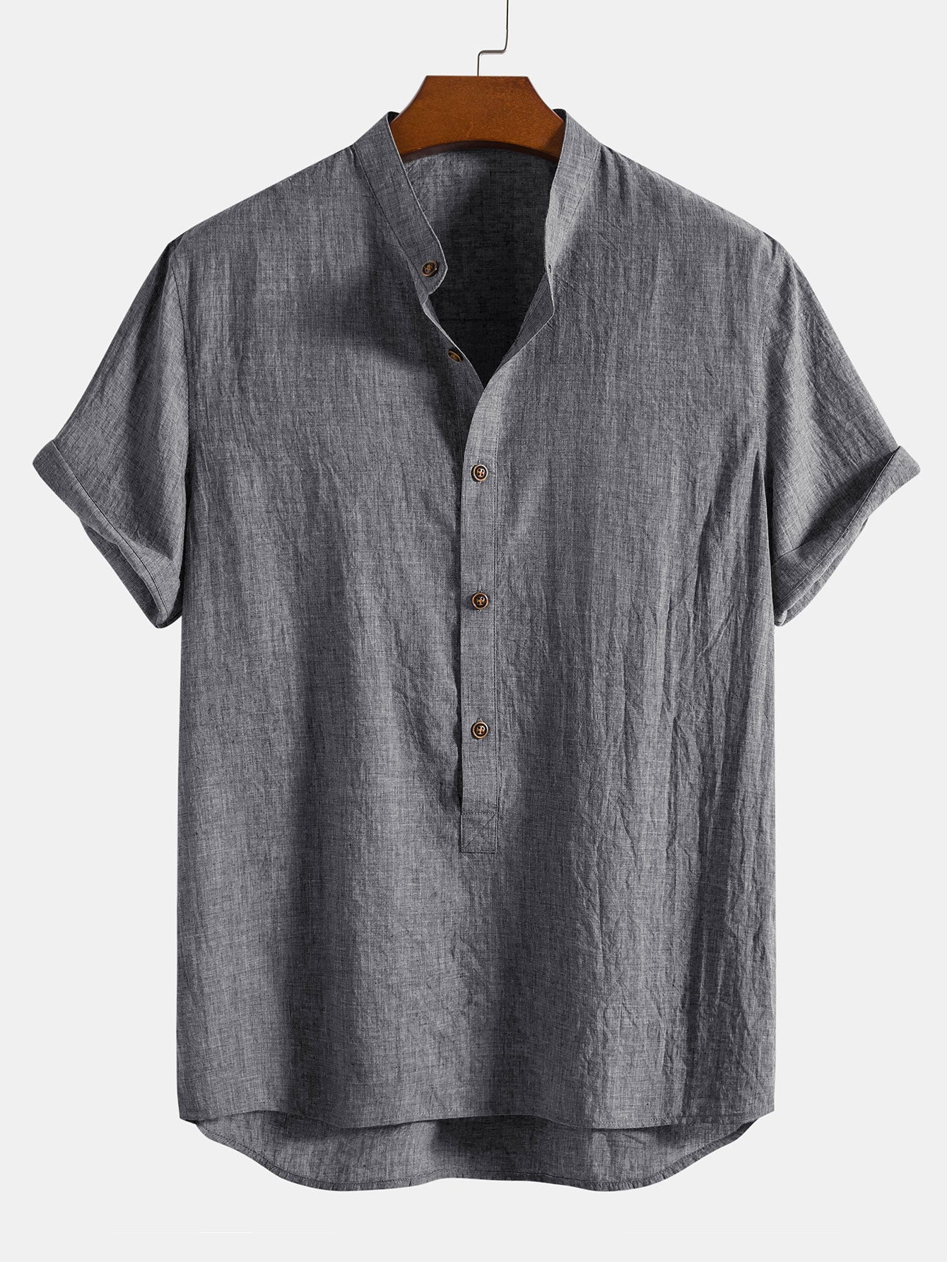 Short Sleeve Half Button Fly Henley Collar Shirt & Linen Cotton Blend 11