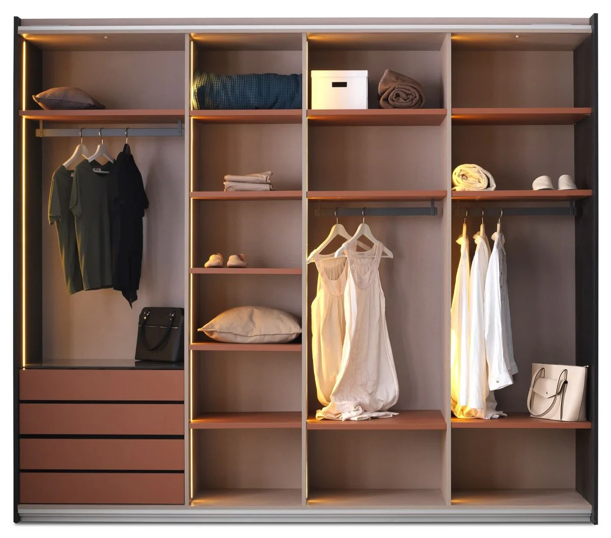 Casa Padrino armario de dormitorio de lujo negro 260 x 70 x A. 228 cm - Armario iluminado de madera maciza con 2 puertas correderas - Muebles de Dormitorio - Muebles de Hotel - Muebles de Lujo