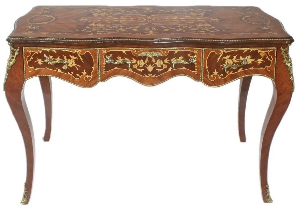 Casa Padrino escritorio barroco marr¨®n / lat¨®n 140 x 60 x A. 80 cm - Mesa de oficina hecha a mano de madera maciza con 3 cajones y aplicaciones de metal macizo - Muebles de Oficina Barrocos