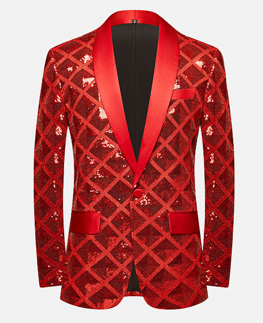 Elegant Plaid Sequin Shawl Lapel One Button Slim Fit Blazer