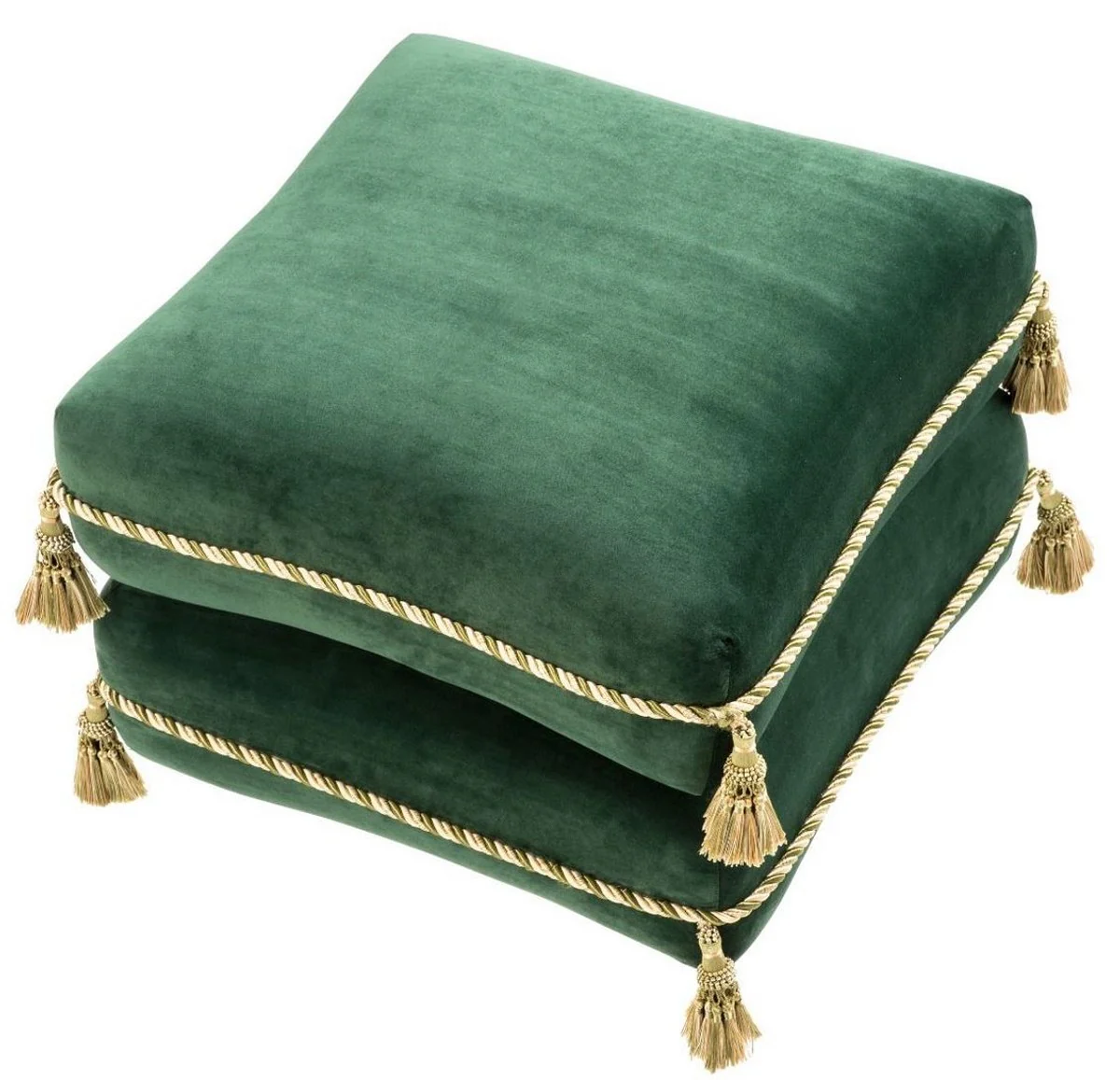 Casa Padrino taburete de lujo verde oscuro / oro / verde 57 x 57 x H. 42 cm - Taburete de Terciopelo Fino con Borlas - Muebles de Lujo
