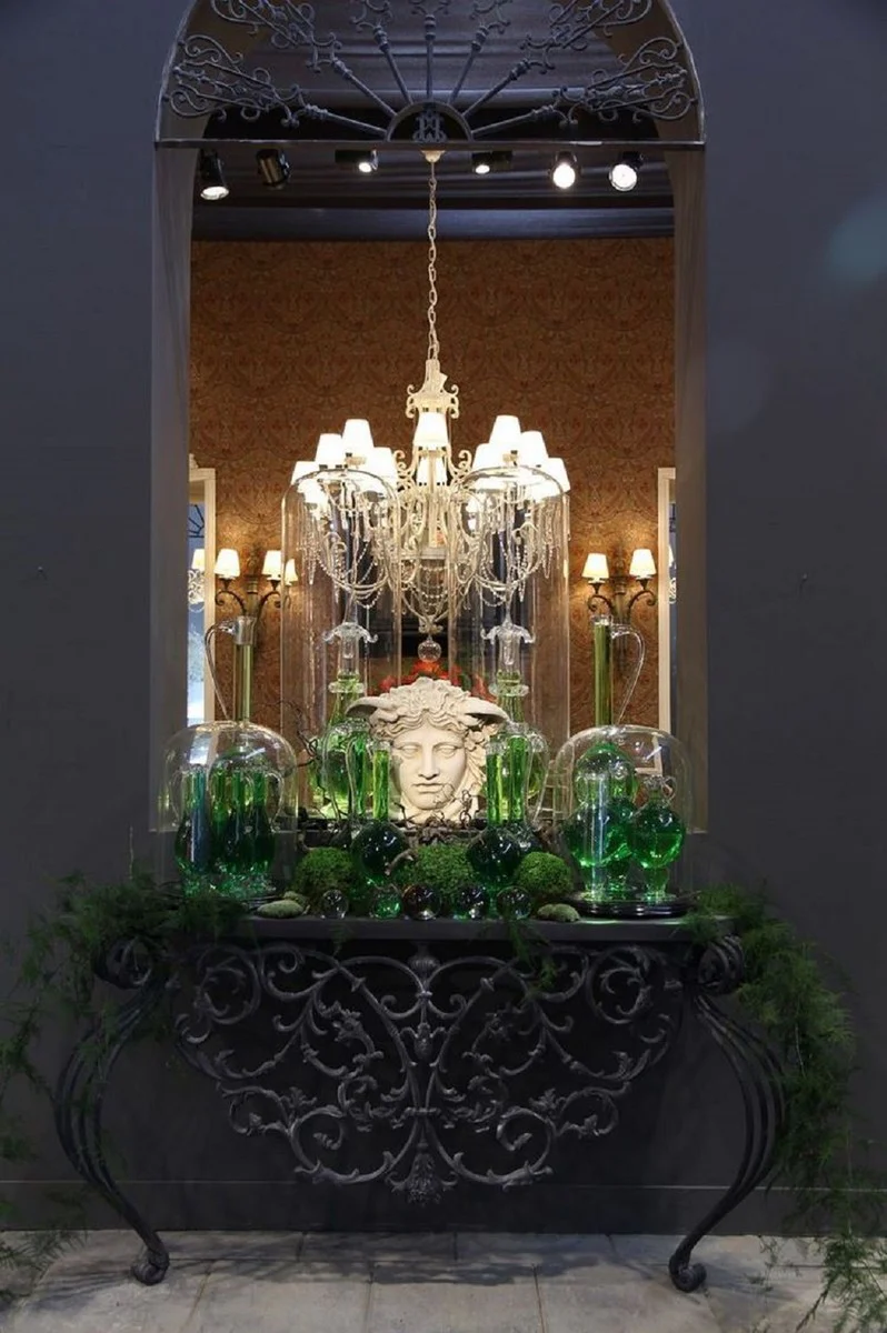 Casa Padrino consola Art Nouveau de lujo gris 150 x 45 x A. 90 cm - Mesa consola de hierro forjado hecha a mano con tablero de metal - Muebles de Jardín de Patio de Sala de Estar