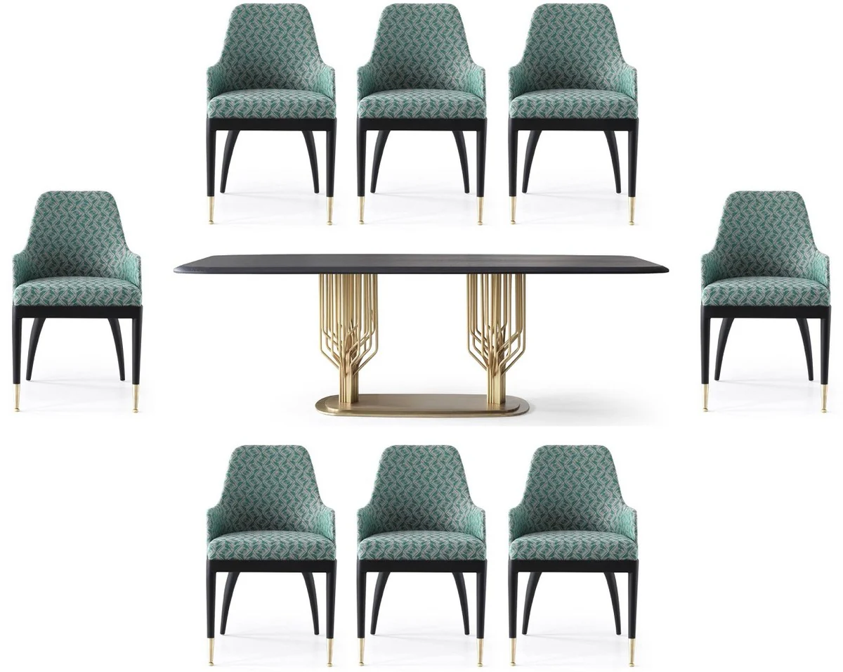 Casa Padrino Conjunto de Comedor de Lujo Verde Patr¨®n / Negro / Lat¨®n - 1 Mesa de Comedor de Lujo & 8 Sillas de Comedor de Lujo - Muebles de Comedor - Muebles de Lujo - Colecci¨®n de Lujo
