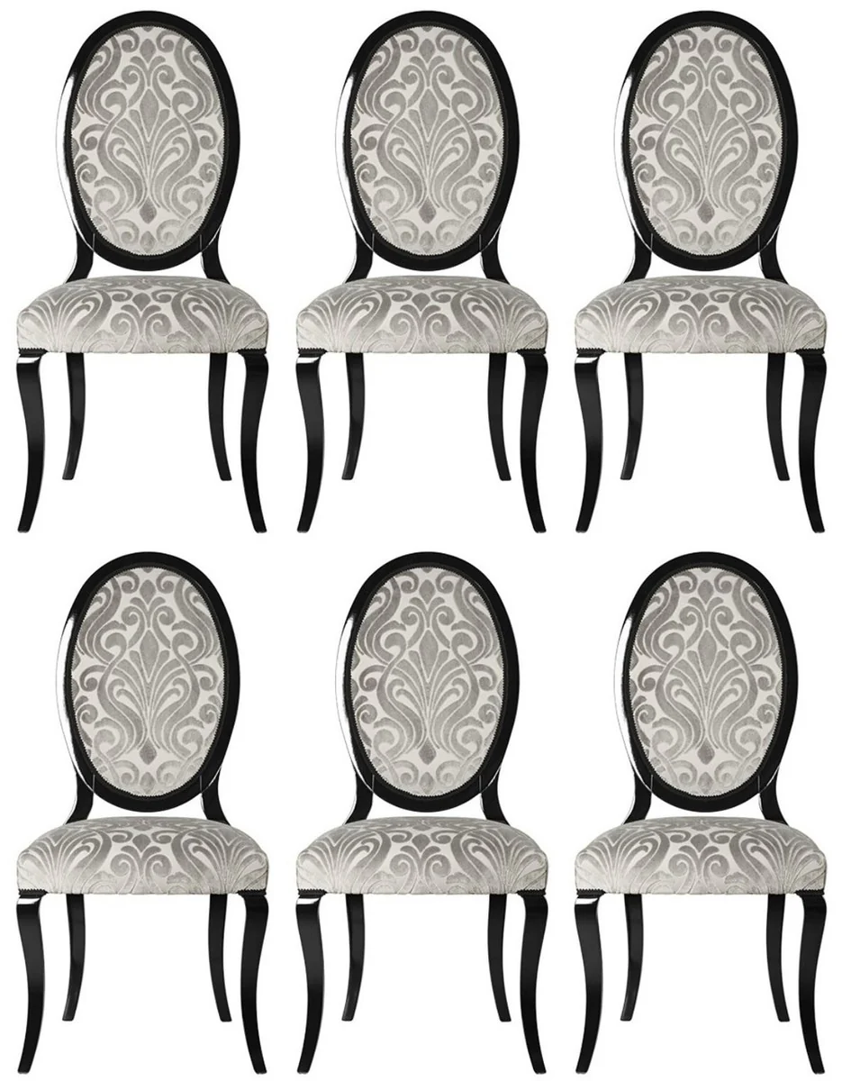 Casa Padrino conjunto de 6 sillas de comedor Art Nouveau de lujo gris / negro 51 x 48 x A. 106 cm - Elegantes sillas de cocina con patr¨®n - Muebles de Comedor Barrocos y Art Nouveau