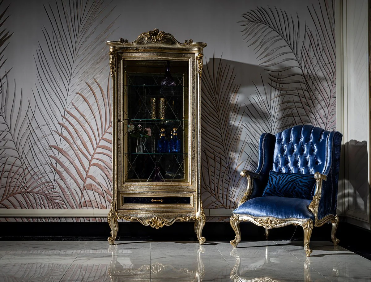 Casa Padrino vitrina barroco de lujo plata / negro / oro - Magn¨ªfica vitrina de estilo barroco con puerta y caj¨®n de vidrio - Muebles barrocos hechos a mano - Noble y Magn¨ªfico