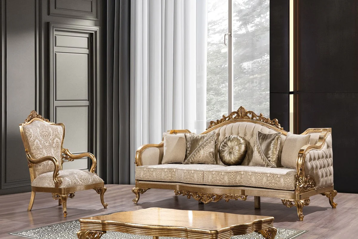 Casa Padrino sill¨®n barroco de lujo oro patr¨®n / oro antiguo - Magn¨ªfico sill¨®n de sal¨®n con patr¨®n elegante - Muebles de sal¨®n de lujo en estilo barroco - Muebles barrocos