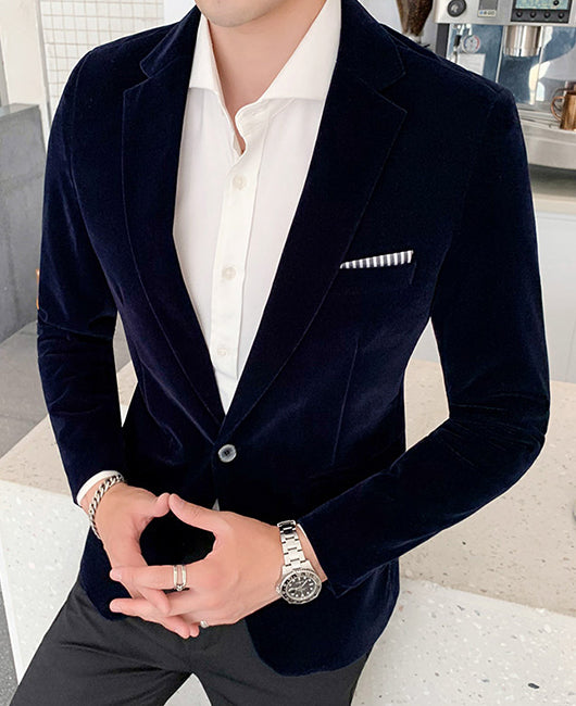 Basic Solid Velvet Lapel Collar Chest Pocket Blazer