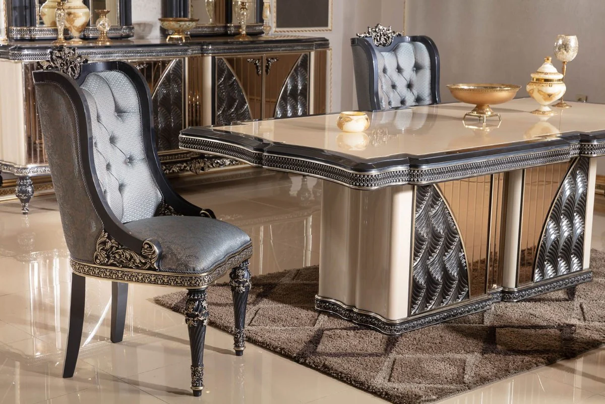 Casa Padrino conjunto de 6 sillas de comedor barrocos de lujo azul claro / negro / oro - Sillas de cocina de estilo barroco con patr¨®n - Muebles de comedor barrocos - Muebles de lujo barroco