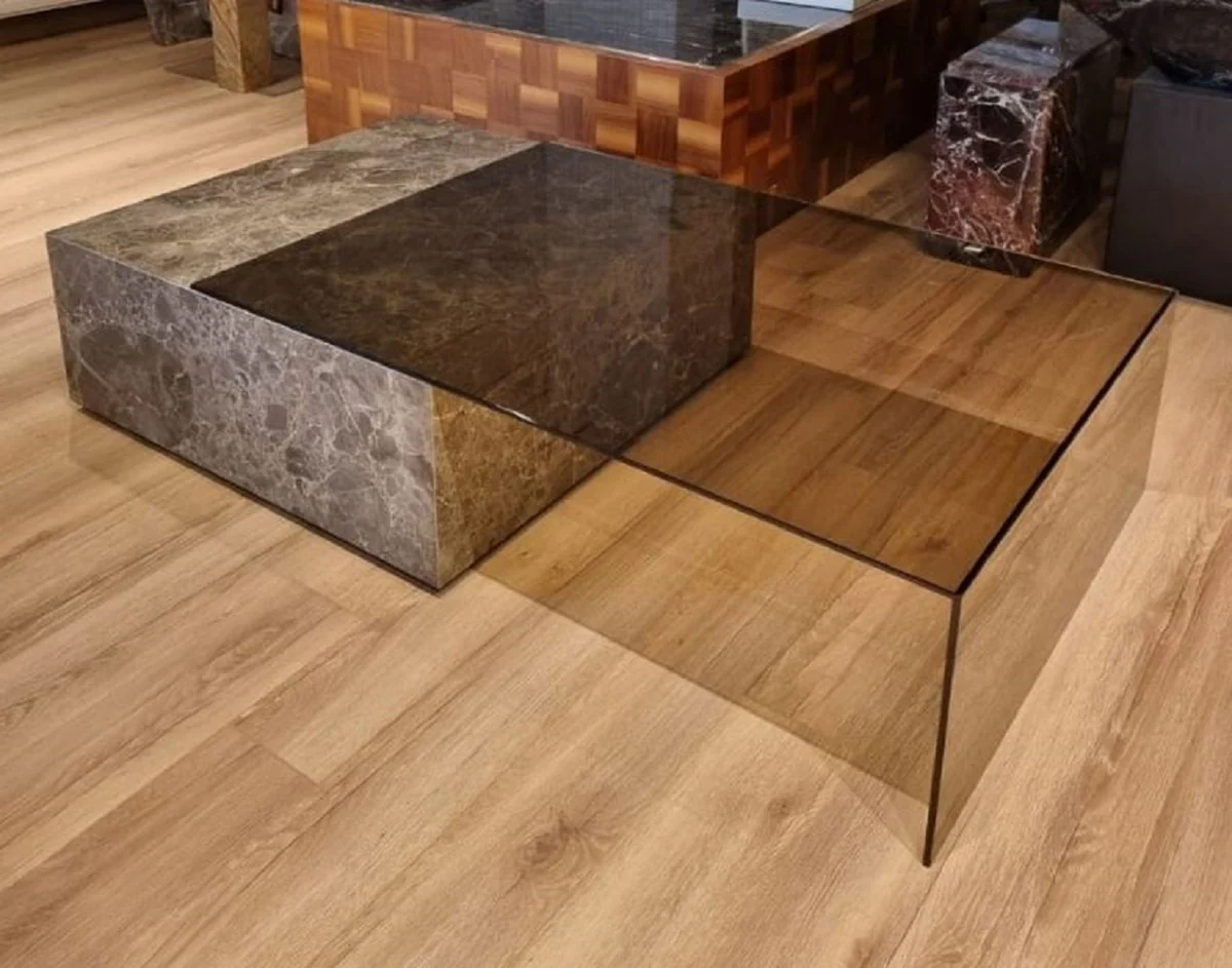 Casa Padrino Mesa de Centro de M¨¢rmol de Lujo con Tapa de Vidrio Gris 150 cm