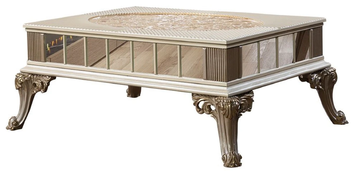 Casa Padrino conjunto de sala de estar barroco de lujo plata / blanco / gris / oro - 2 Sof¨¢s Barrocos y 2 Sillones Barrocos y 1 Mesa de Centro Barroco - Muebles de sal¨®n barroco