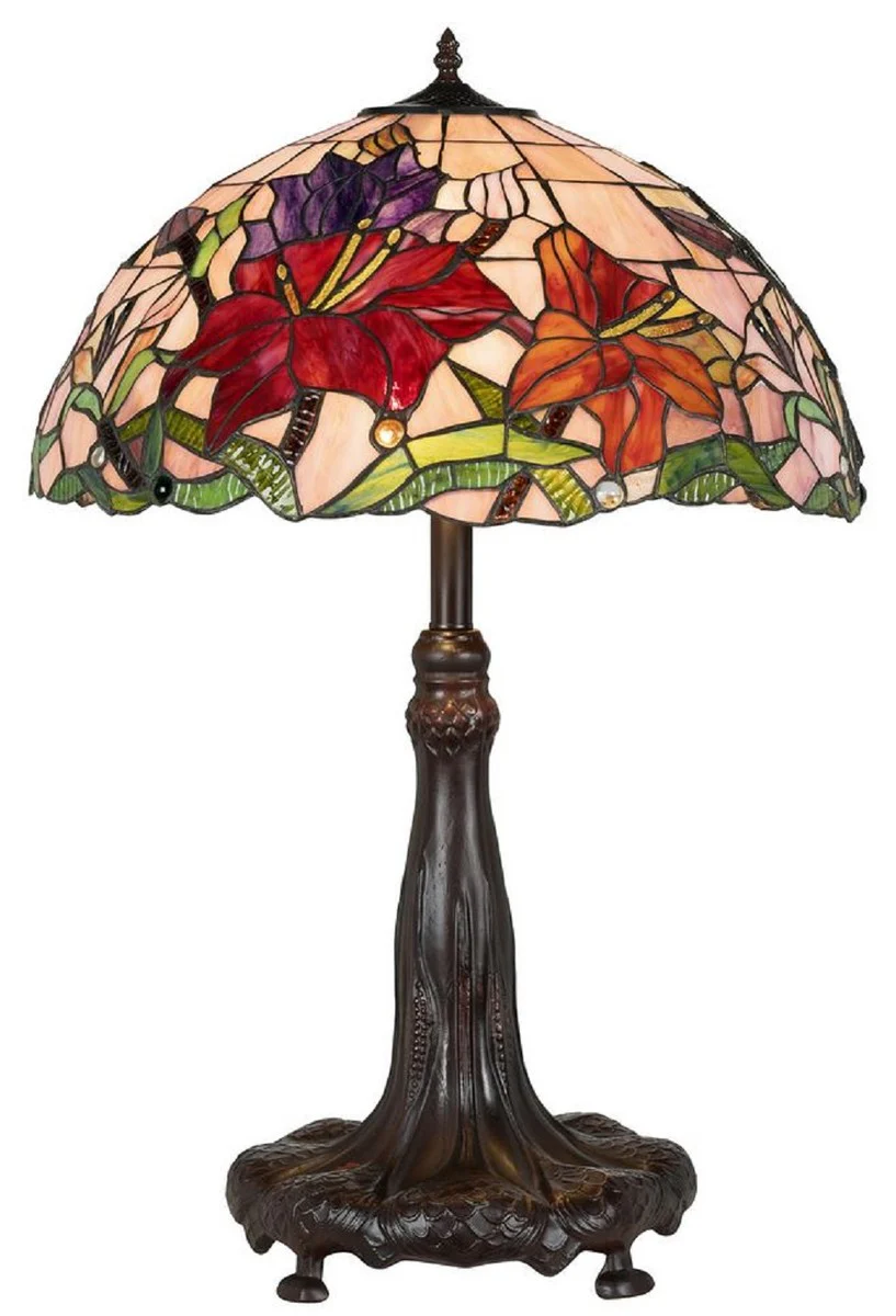 Casa Padrino lámpara de mesa Tiffany de lujo multicolor / marrón Ø 50 x A. 80 cm - Lámpara de escritorio Tiffany redonda - Interior de lujo - Luces de lujo