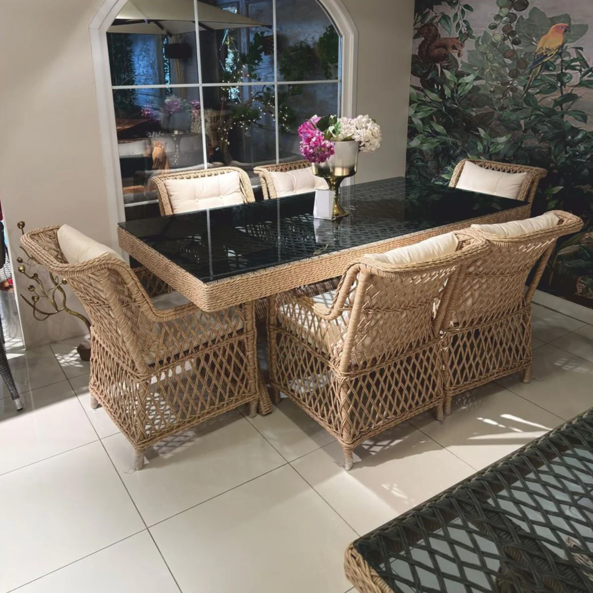 Casa Padrino mesa de comedor de jard¨ªn de lujo de rat¨¢n con tablero de vidrio natural / gris 200 cm