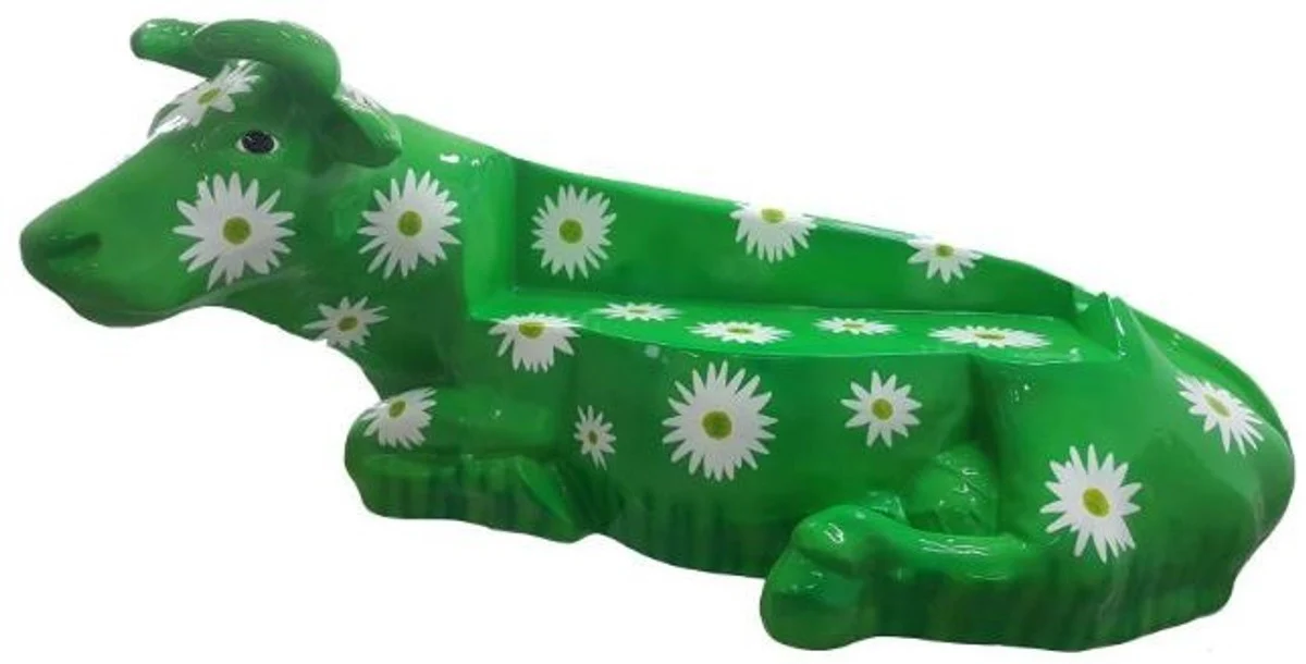 Casa Padrino banco de diseño vaca con diseño floral verde / blanco 200 x A. 98 cm - Banco de jardín de vaca escultura resistente a la intemperie - Accesorios de decoración de jardín y terraza