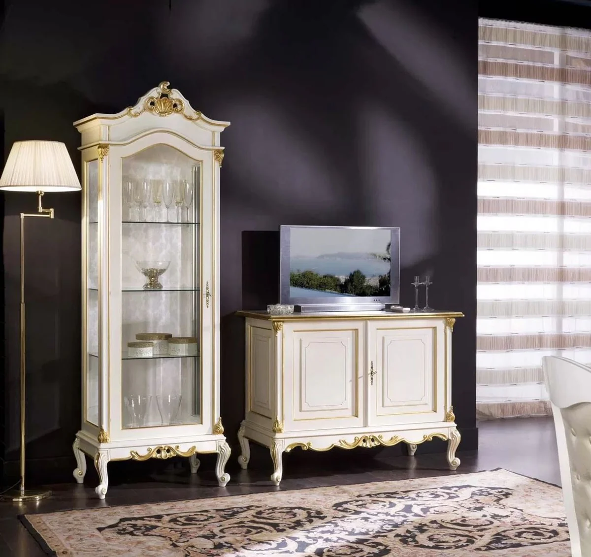 Casa Padrino vitrina barroco de lujo blanco / oro - Vitrina de madera maciza hecha a mano con puerta de vidrio - Magn¨ªficos muebles barrocos - Calidad de Lujo - Hecho en Italia