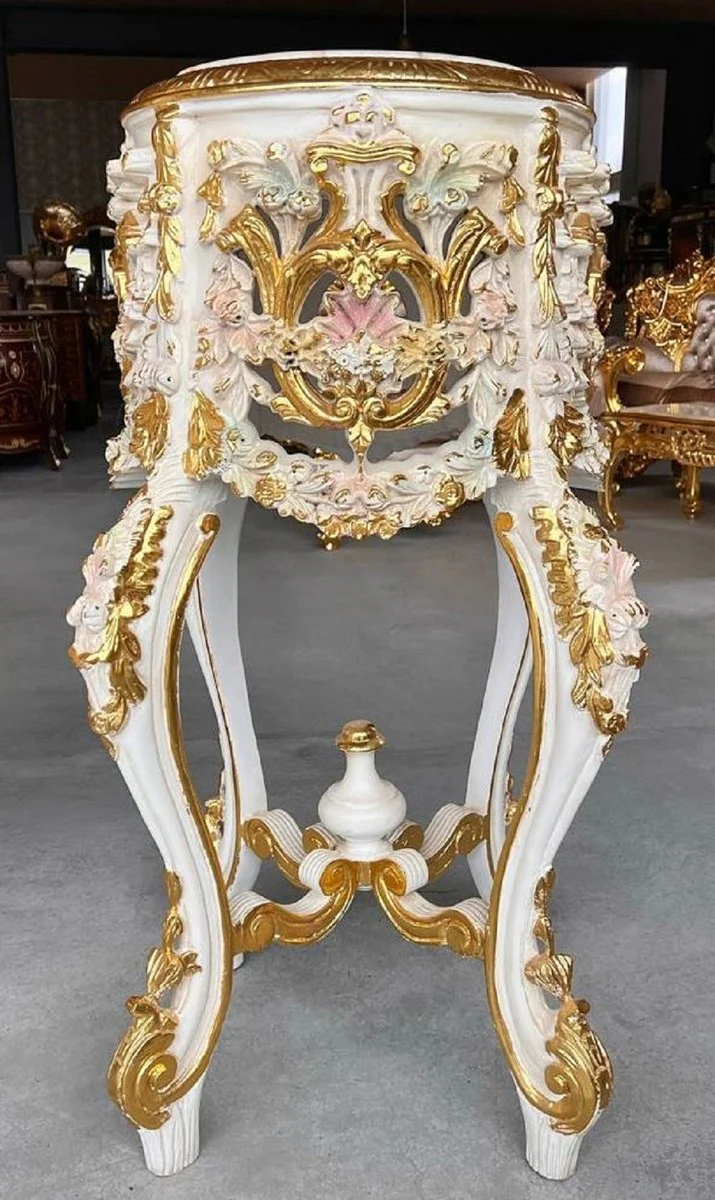 Casa Padrino columna barroco con tapa de mármol blanco / rosa / oro - Magnífica mesa de flores de madera maciza de estilo antiguo - Muebles de salón en estilo barroco - Muebles barrocos