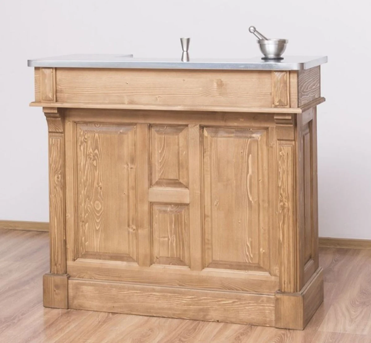 Casa Padrino barra de bar de estilo campestre natural / plata 120 x 65 x A. 107 cm - Barra de bar de madera maciza con sobre de mesa galvanizado - Muebles de bar en estilo campestre