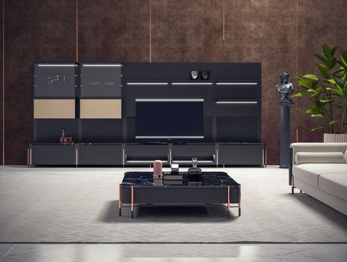 Casa Padrino armario de TV de lujo negro mate / negro / cobre 452 x 47 x A. 202 cm - Armario de sal¨®n con iluminaci¨®n LED - Muebles de sal¨®n - Muebles de hotel - Muebles de lujo