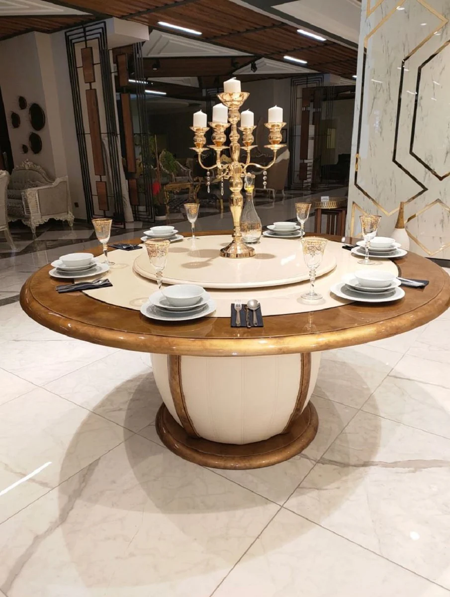 Casa Padrino mesa de comedor barroco de lujo creme / gold - Mesa de comedor redonda de madera maciza con secci¨®n central giratoria - Mobiliario Barroco Noble para Hoteles y Restaurantes