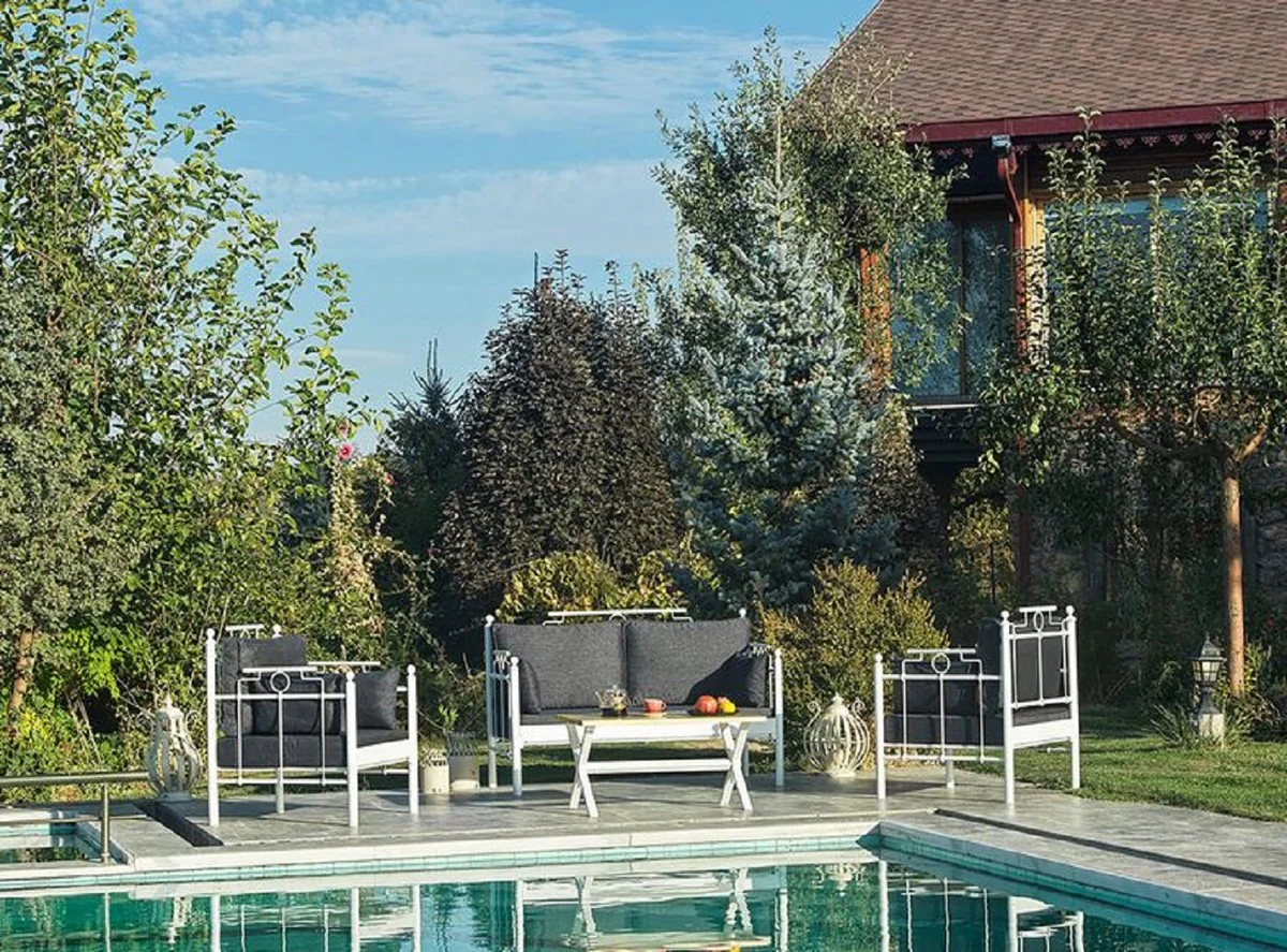 Casa Padrino Art Nouveau Conjunto de Muebles de Jardín Gris Oscuro / Blanco - 1 Sofá y 2 Sillones y 1 Mesa - Muebles de Jardín y Patio Art Nouveau