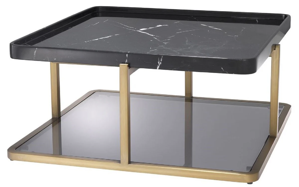Casa Padrino mesa de centro de lujo lat¨®n / negro / gris 58 x 58 x A. 27,5 cm - Mesa de sal¨®n moderna de acero inoxidable con tapa de m¨¢rmol y vidrio tintado - Muebles de Lujo