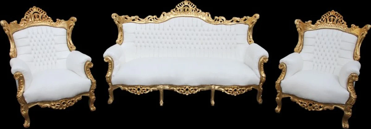 Casa Padrino Baroque Living Set Master White / Gold leather look - 3 seater sofa + 2 armchairs