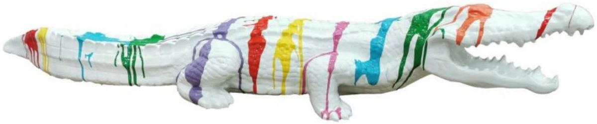 Casa Padrino escultura decorativa de lujo cocodrilo blanco / multicolor 108 cm - Escultura de jardín resistente a la intemperie - Escultura decorativa XXL - Figura decorativa XXL