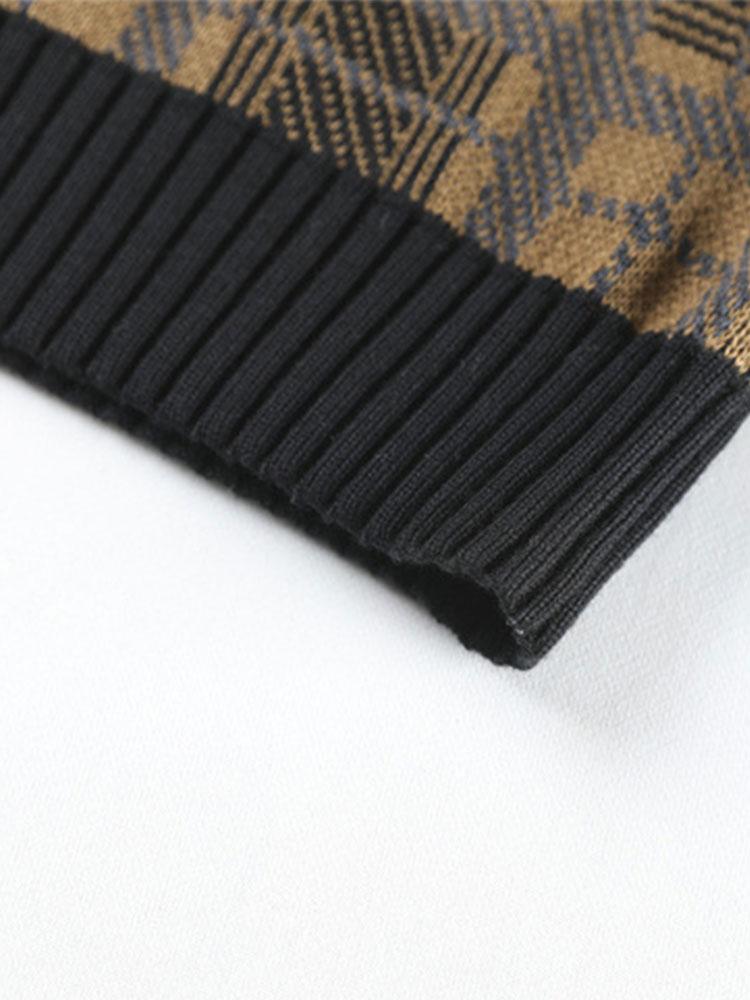 Slim Fit Knitted Plaid Paneled Hooded Sweater