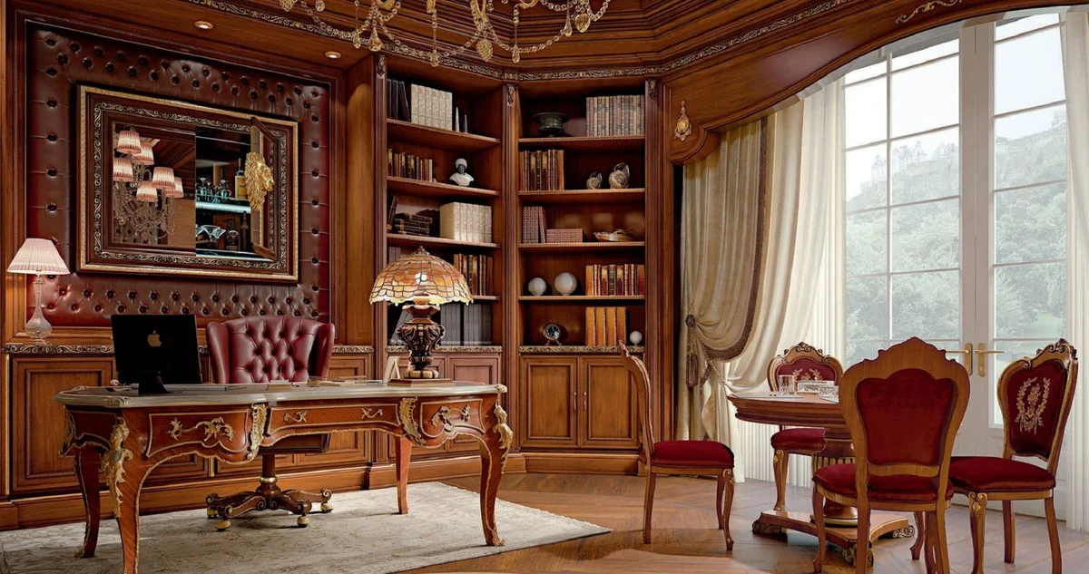 Casa Padrino silla de oficina Chesterfield barroco de lujo burdeos rojo / marr¨®n / oro - Silla de escritorio con cuero real - Mobiliario de oficina estilo barroco - Calidad de lujo - Hecho en Italia