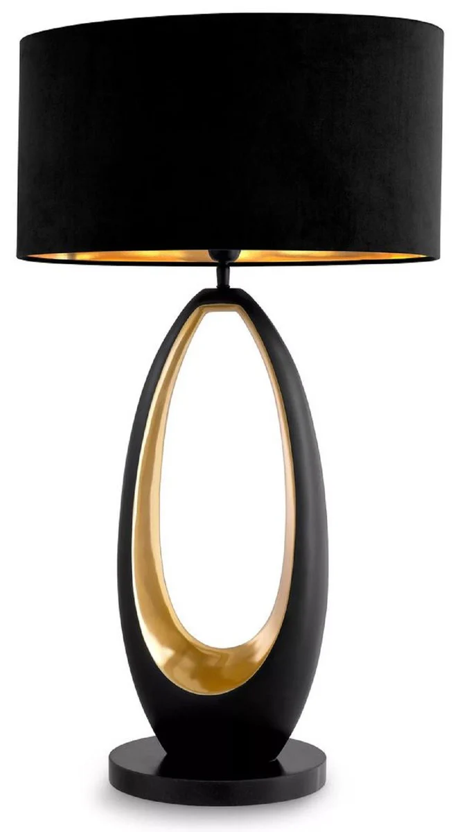 Casa Padrino lámpara de mesa de lujo bronce de cañón / oro / negro Ø 50,5 x A. 86,5 cm - Lámpara de escritorio redonda con base de granito y pantalla de terciopelo - Luces de lujo
