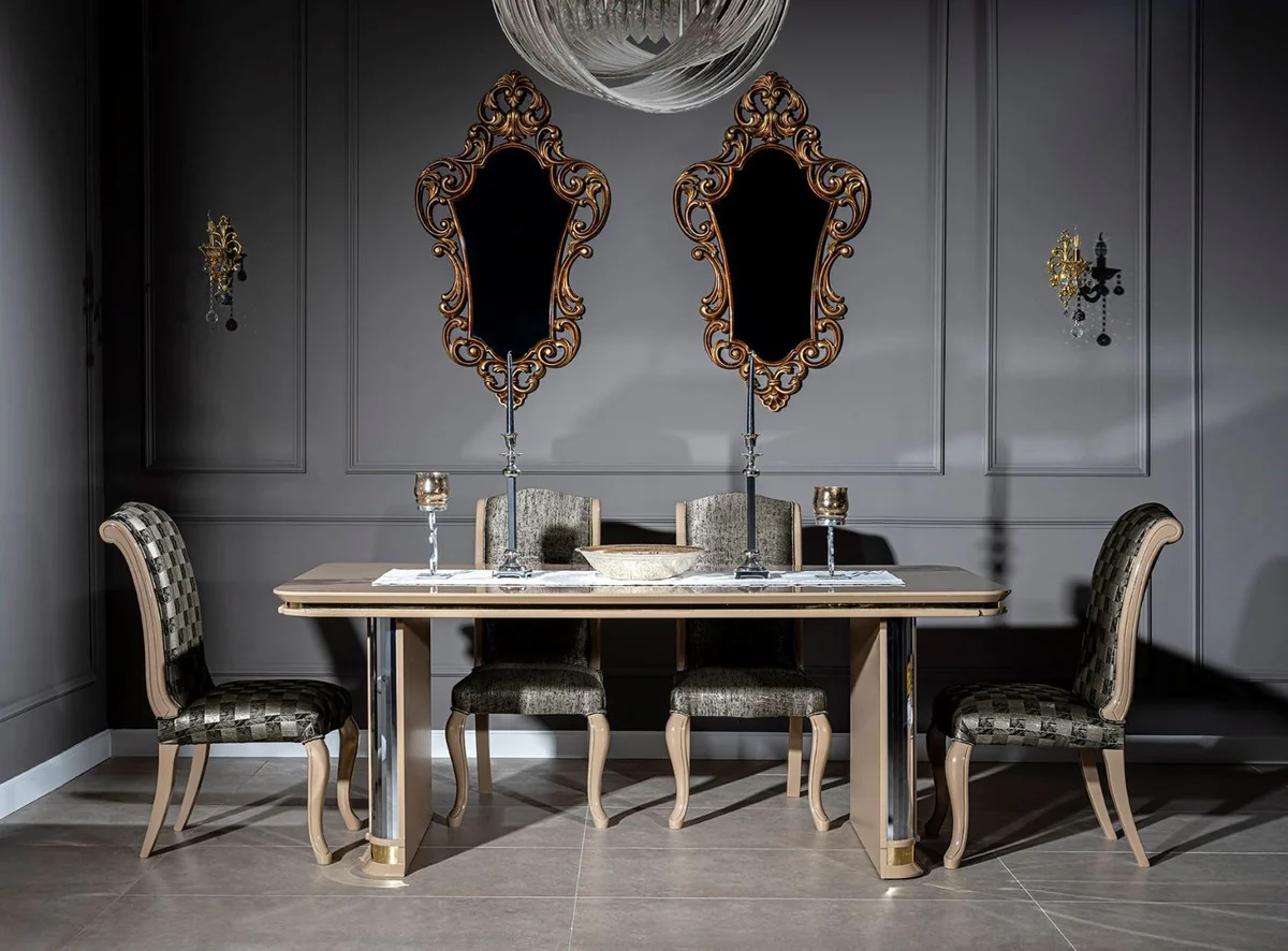 Casa Padrino Conjunto de Comedor Art D¨¦co de Lujo Beige / Oro - 1 Mesa de Comedor y 6 Sillas de Comedor - Muebles de Comedor Art D¨¦co Hechos a Mano