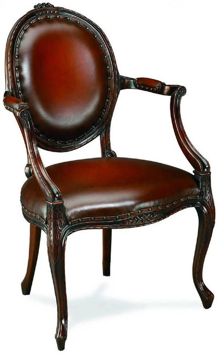 Casa Padrino silla de comedor de cuero barroco de lujo con reposabrazos rojo marr¨®n / marr¨®n 61 x 61 x A. 95 cm - Silla de cocina con cuero genuino - Muebles de comedor - Muebles barrocos