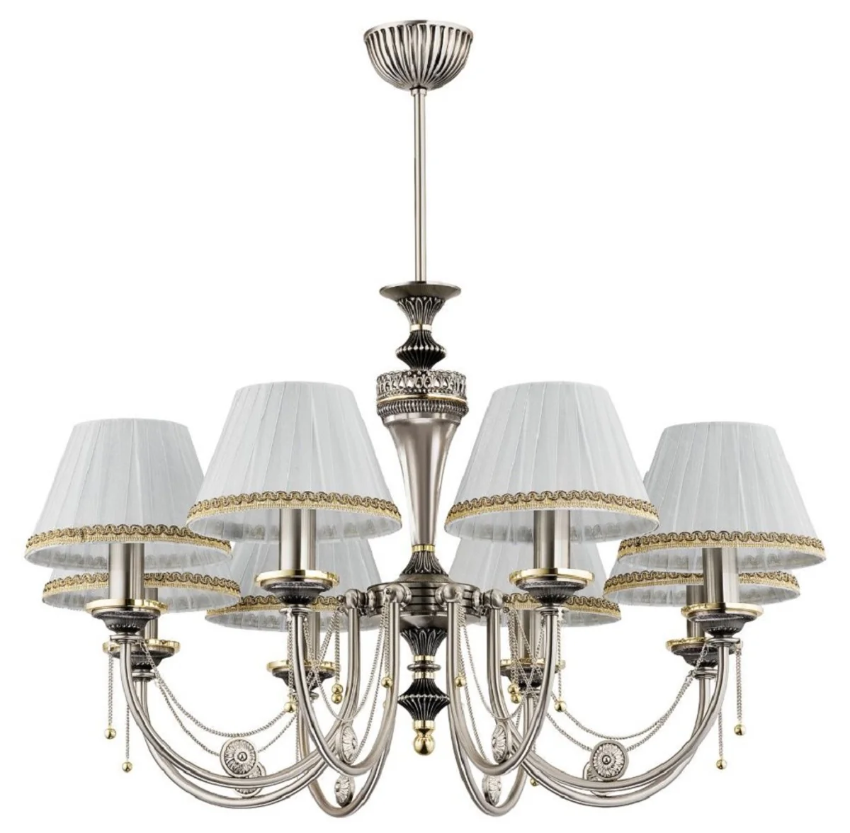 Casa Padrino araña de luces barroco de lujo plata mate / blanco / oro Ø 72 x A. 70 cm - Magnífica lámpara de araña de salón de estilo barroco con pantallas - Noble y magnífica