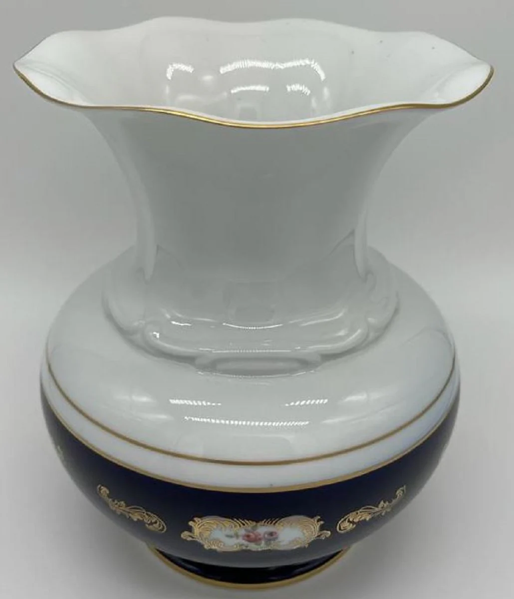 Casa Padrino Jarrón de Porcelana Barroco de Lujo Blanco / Azul Oscuro / Oro A. 23 cm - Florero Redondo de Estilo Barroco - Accesorios Barrocos de Lujo - Reichenbach Porzellan - Made in Germany