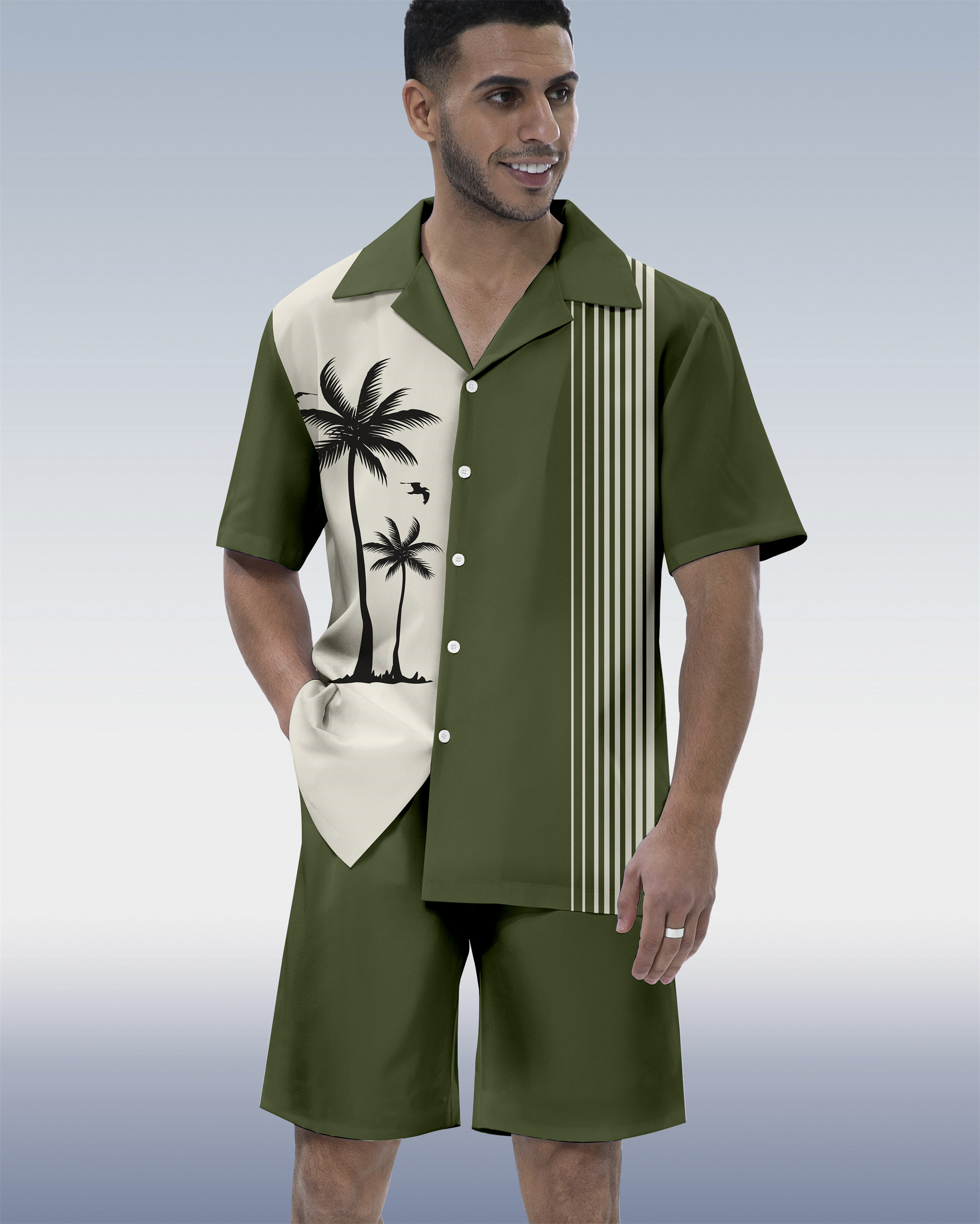 Men's Hawaiian Tiki Party Print Cuban Collar Short Sleeve Shirt Set 03