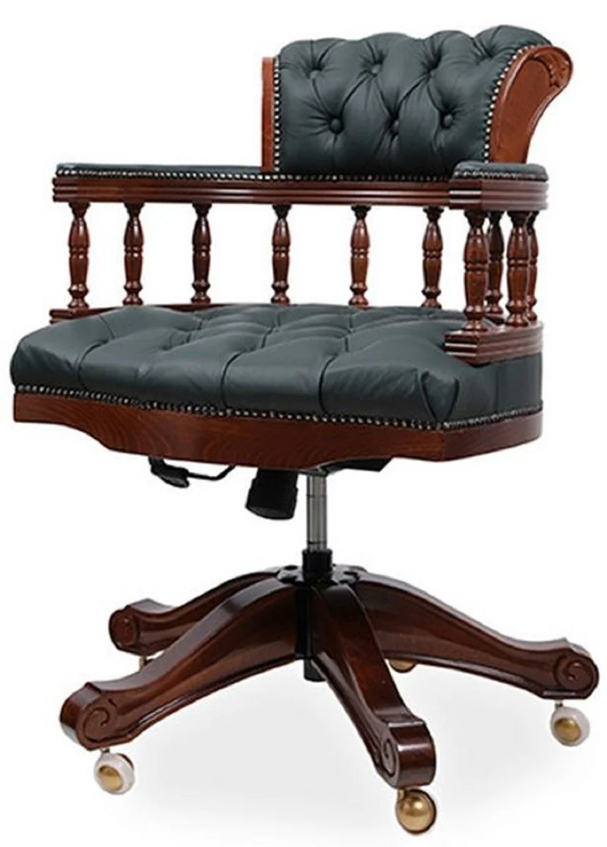 Casa Padrino silla de escritorio Chesterfield barroco de lujo de cuero verde oscuro / marr¨®n oscuro - Silla de oficina de cuero genuino ajustable en altura - Muebles de oficina - Noble y magn¨ªfico