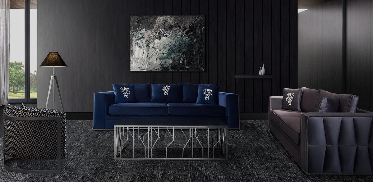 Casa Padrino sof¨¢ de lujo azul / plata 240 x 95 x A. 65 cm - Sof¨¢ de sal¨®n con cojines decorativos - Muebles de sal¨®n de lujo