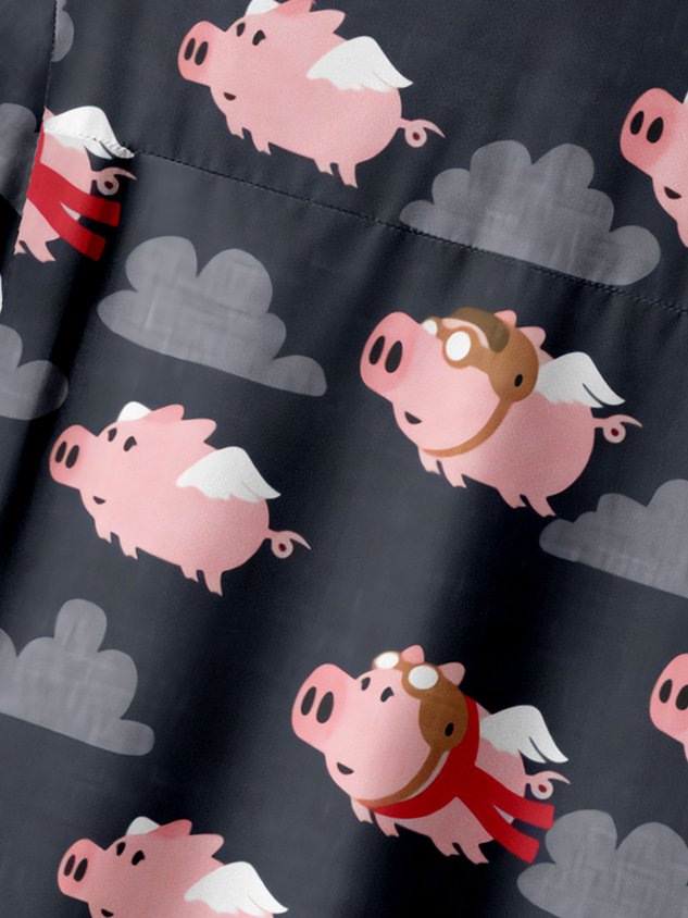 Fun Flying Pig Chest Pocket Short Sleeve Casual Shirt