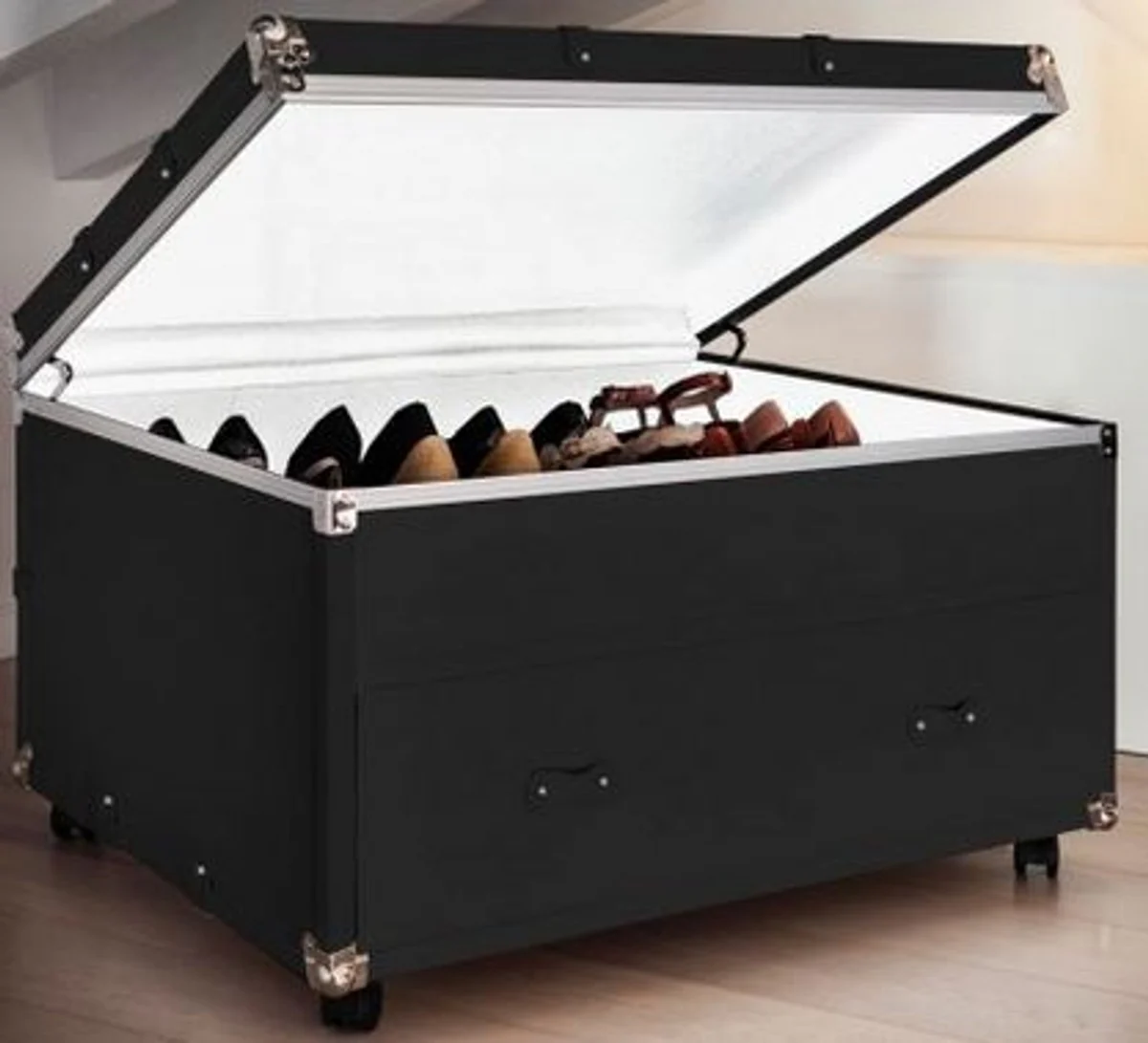 Casa Padrino c¨®moda de la maleta de zapatos de lujo con caj¨®n y ruedas negro / plata 100 x 80 x A. 60 cm - Armario de Zapatos de Cuero Sint¨¦tico de Estilo Vintage - Calidad de Lujo