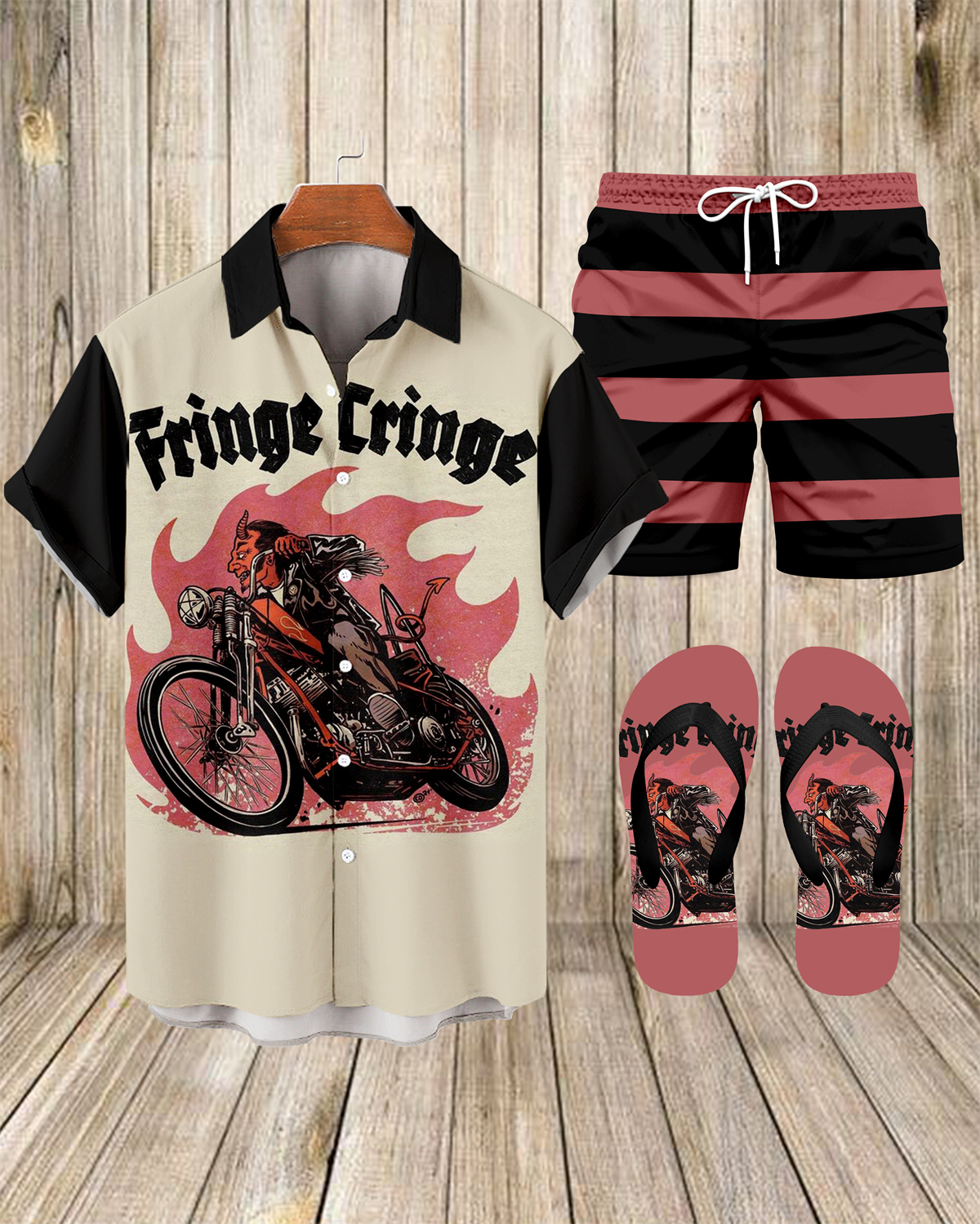 Suitmens Men's Modified Motorcycle Print Shirt Three-Piece Set 069